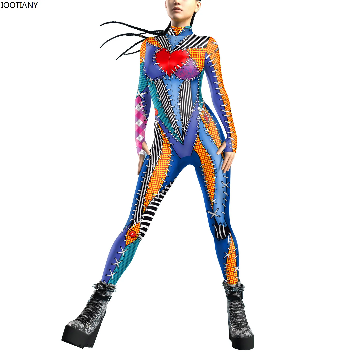 

IOOTIANY Halloween Women Sexy Patchwork Clown Cosplay Jumpsuit Adult Doll Fancy Bodysuit Party Rave Outfit Aerial Yoga Zentai