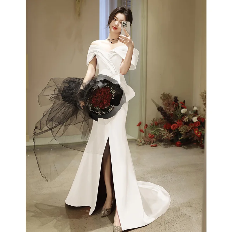 One Shoulder Slit Evening Sexy White Banquet Evening Dress Performance Dress Waist Cinched Fish Tail Small Tail Wedding Dress