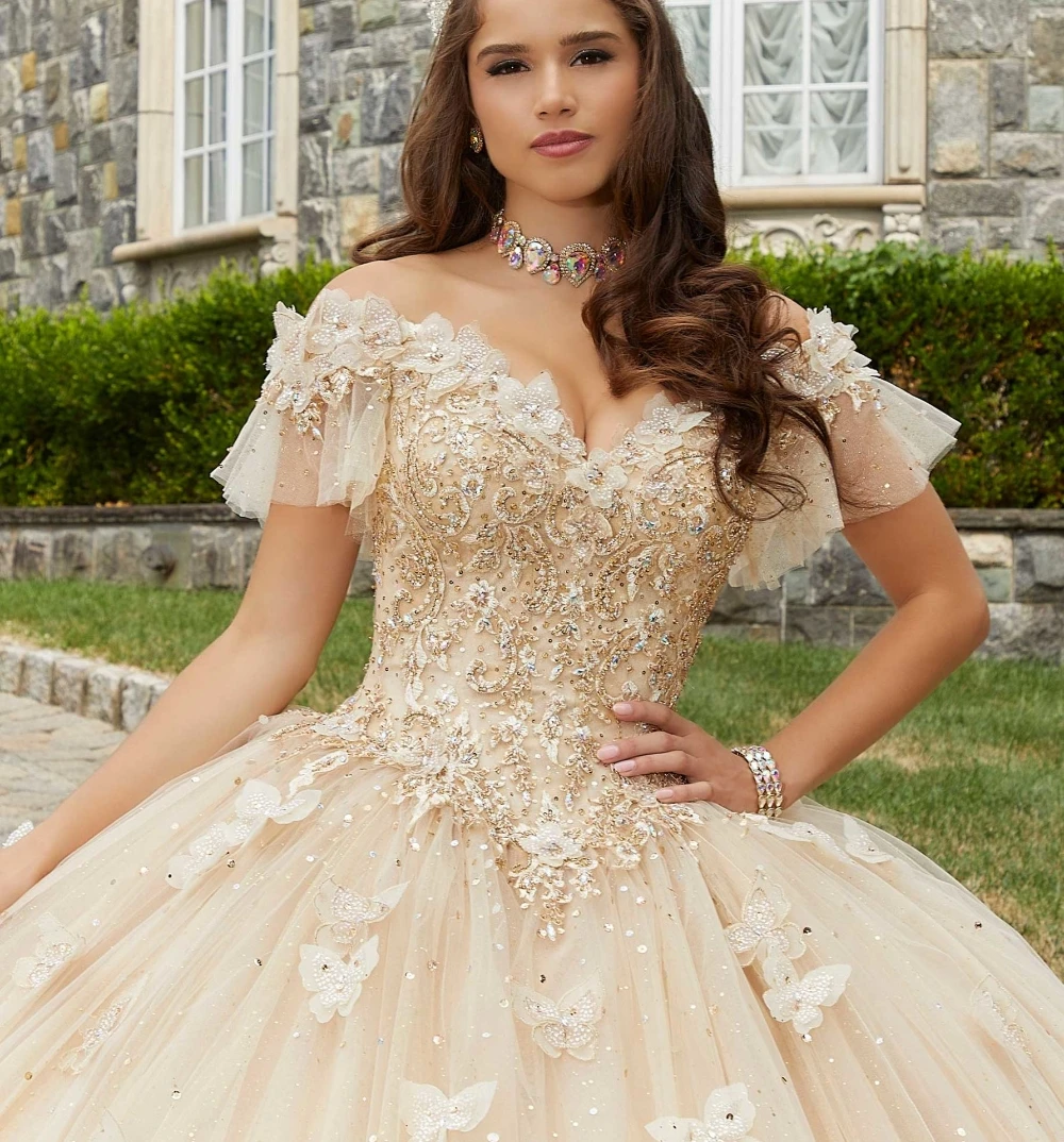 EVLAST-Vestido Princess Quinceanera, Apliques de tule, Renda, 3D Butterflies, frisado, Sweet 16, TQD109, 2023, Champanhe