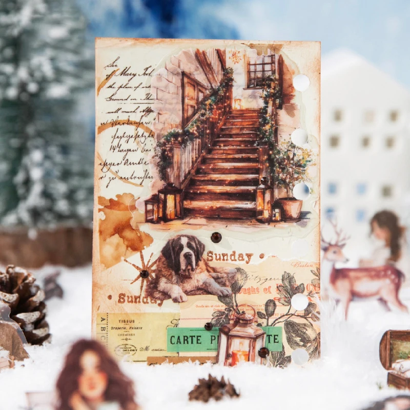 Warm Moments Series Vintage Winter Snow House Character Landscape PET Sticker Creative DIY Journal Material Collage Stationery