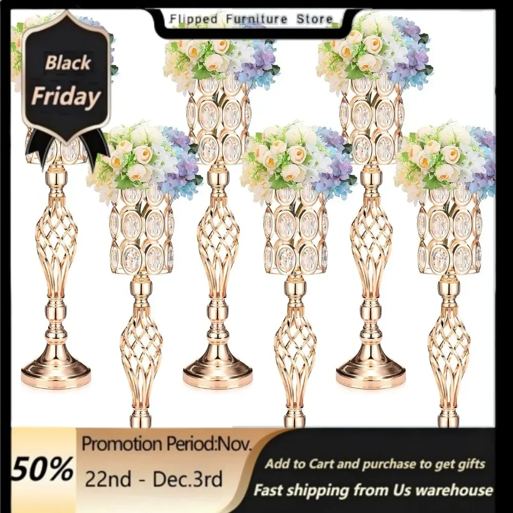 

6 Pieces Metal Diamond Crystal Wedding Centerpiece Vases Wedding Flower Trumpet Vase with Crystal Bead 24 Inch Tall Gold Vases.