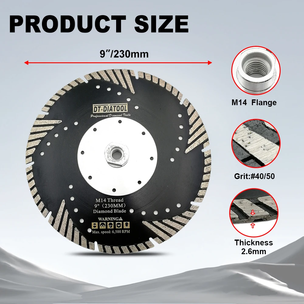 DT-DIATOOL Diamond Turbo Blade 1pc 5/8-11 230mm 9' Hot Pressed Concrete Granite Marble Cutting Disc with Slant Protection Teeth