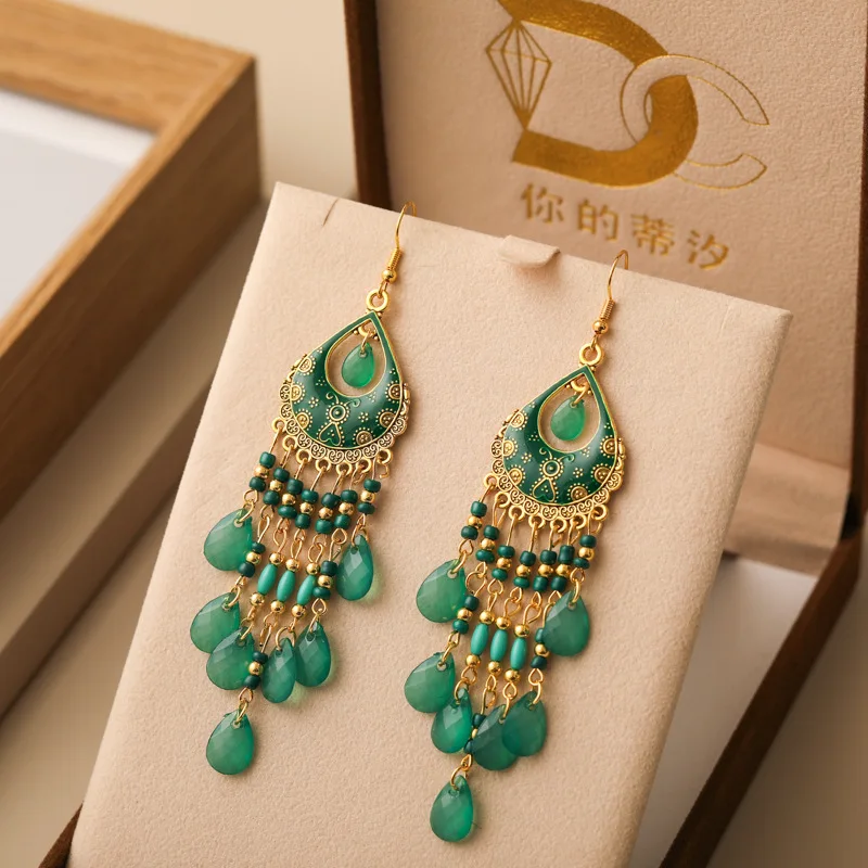 Bohemian Ethnische Lange Antik Gold Farbe Emaille Wasser Tropfen Ohrringe für Frauen Bunte Reis Perle Quaste Ohrring Pendientes Mujer – Detail 14