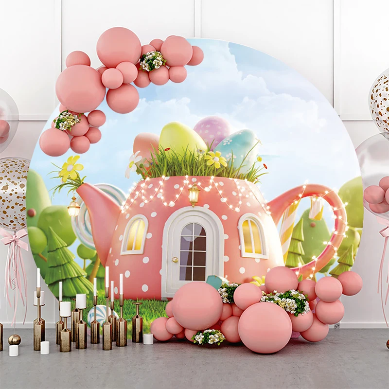 Easter Bunny House Backdrop Round Cloth Spring Rabbit Eggs Party Decorations 2024 Sweet Candy Land Photo Background Circle Cover