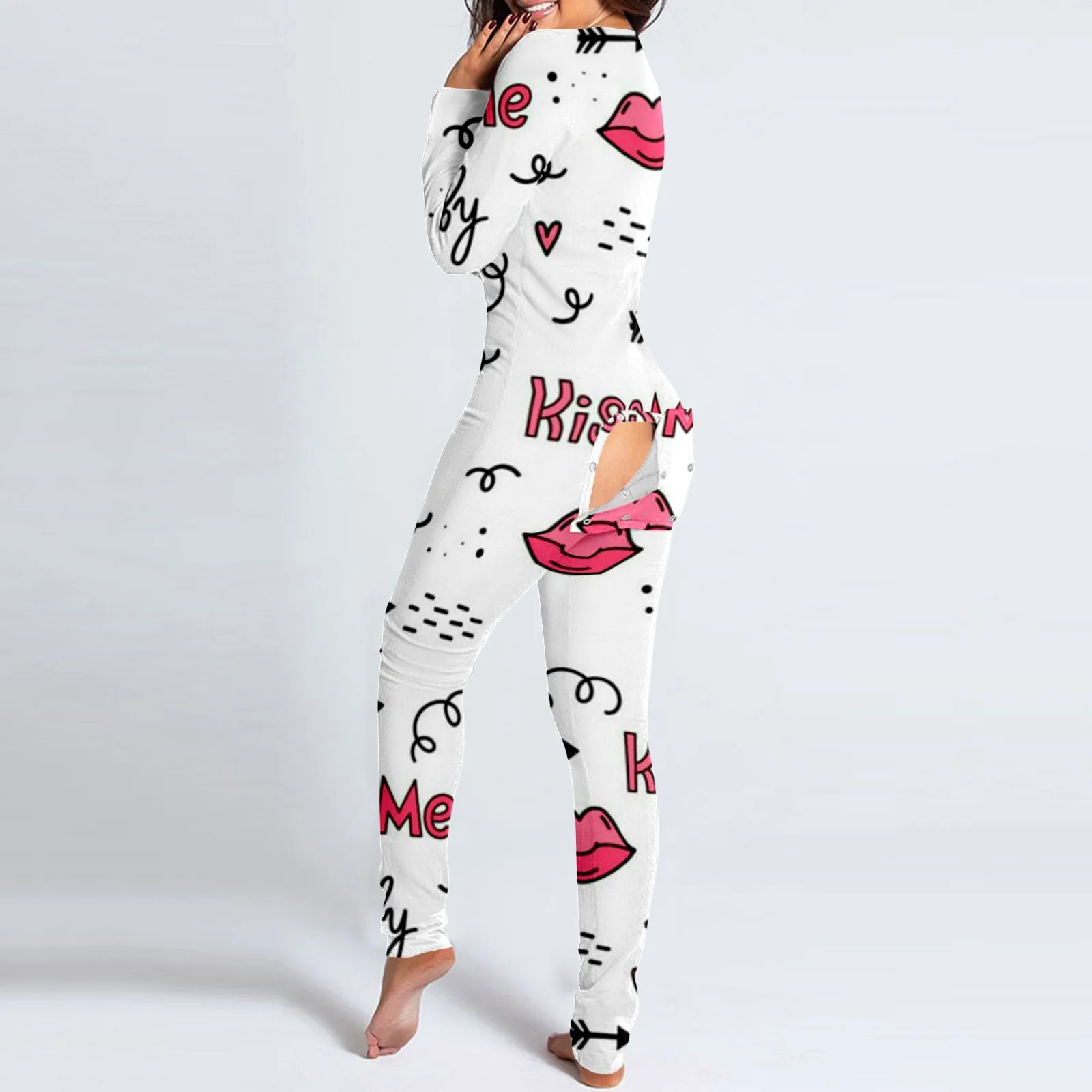 Women Pajamas Onesies Button Down Front Functional Button Flap Pyjamas Jumpsuits Christmas Love Print Jumpsuits Pyjamas Female