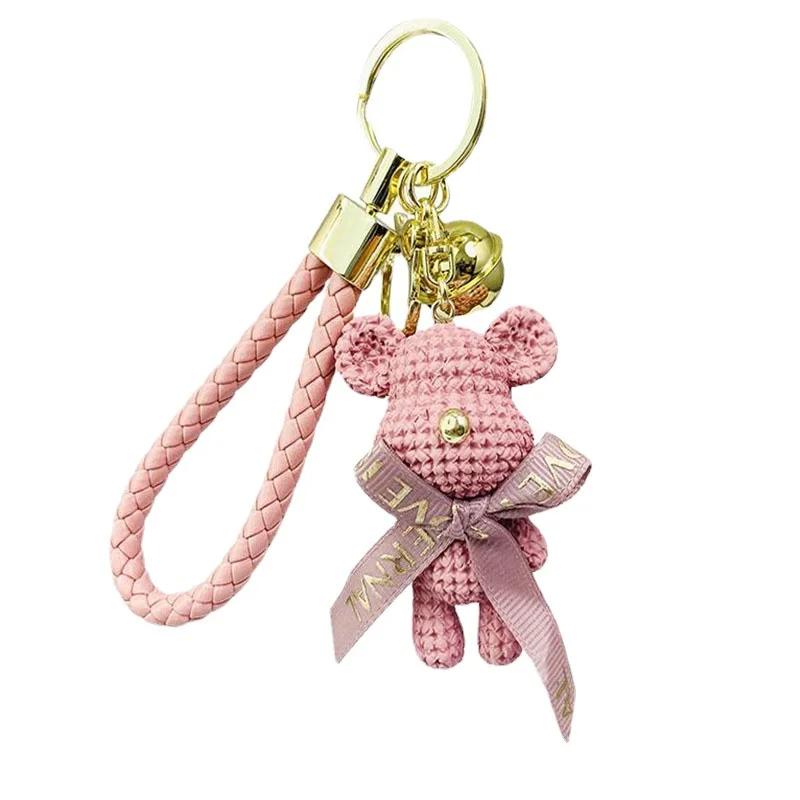 Cute Bear Key Chain Resin Bow Bell Rabbit Keychain Weaving Fashion Doll Bag Pendant Holiday Car Animal  Key Ring For Girls Gifts