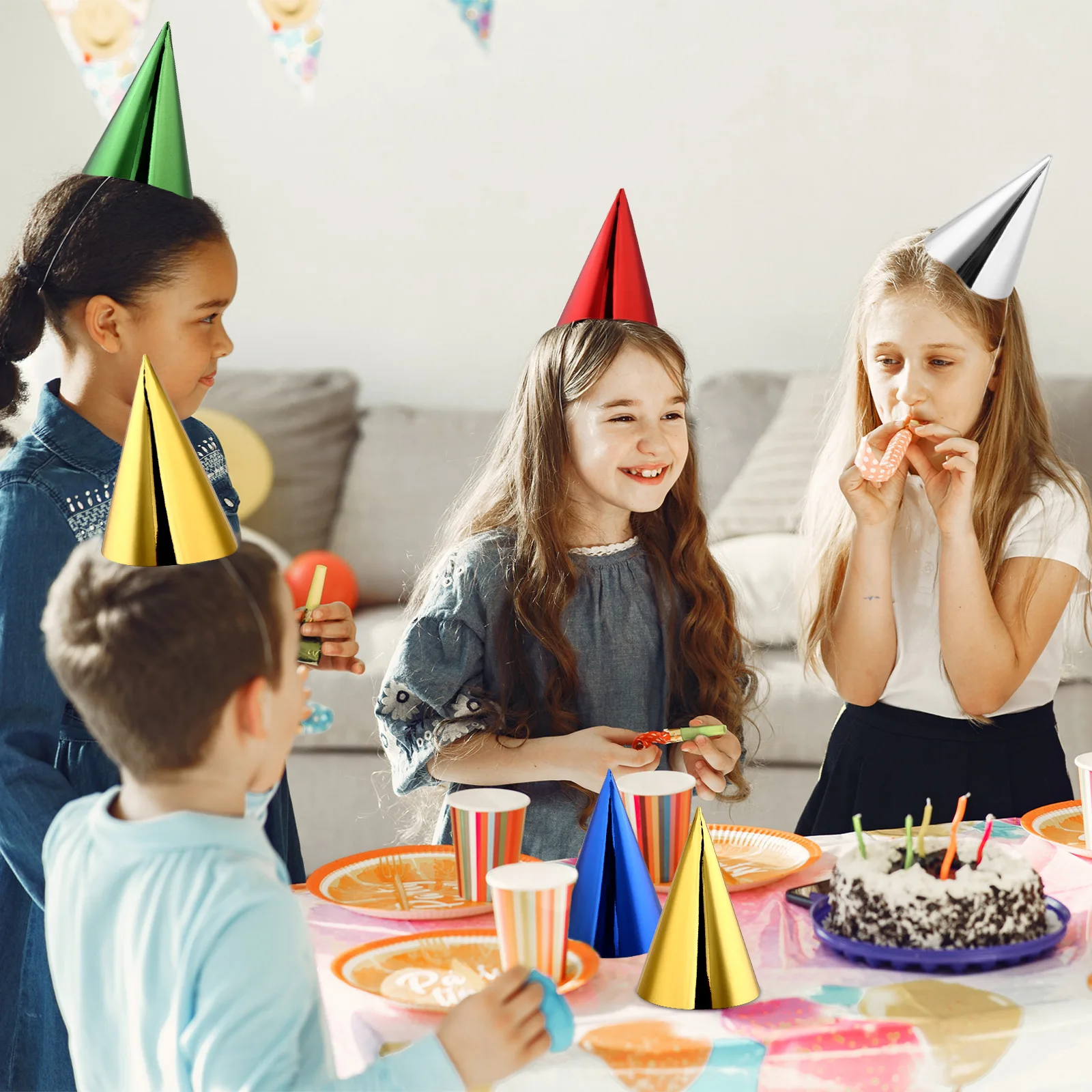 30 قطعة 7.3*4.9 بوصة مخروط قبعات الحفلات الملونة لامع احباط عيد ميلاد مخروط القبعات السائبة المعدنية احباط مخروط أغطية الرأس