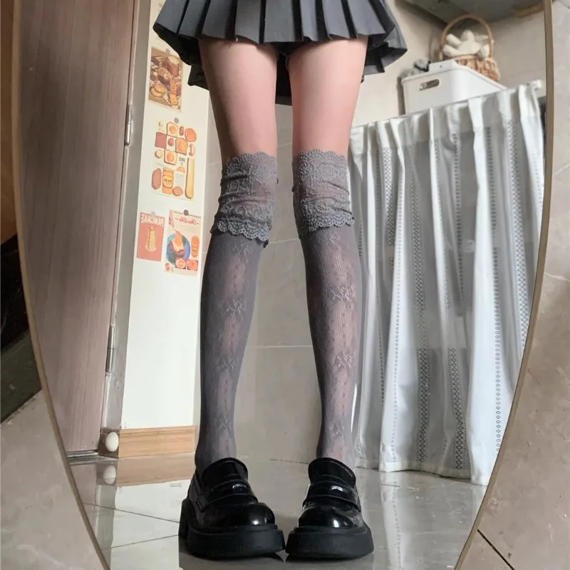Lolita Sweet Lace-edge Fishnet Stockings Women Sexy Floral Pattern Nylon Mesh Thigh High Stocking JK Japanese Cos Overknee Socks image 3