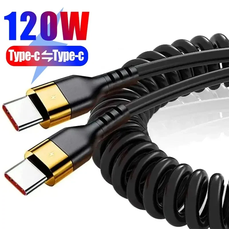 Type C To Type C Car Spring Cable PD 120W 6A Super Quick Charging Data Cable Wire USB Type C PD Cable For iPhone Samsung Xiaomi