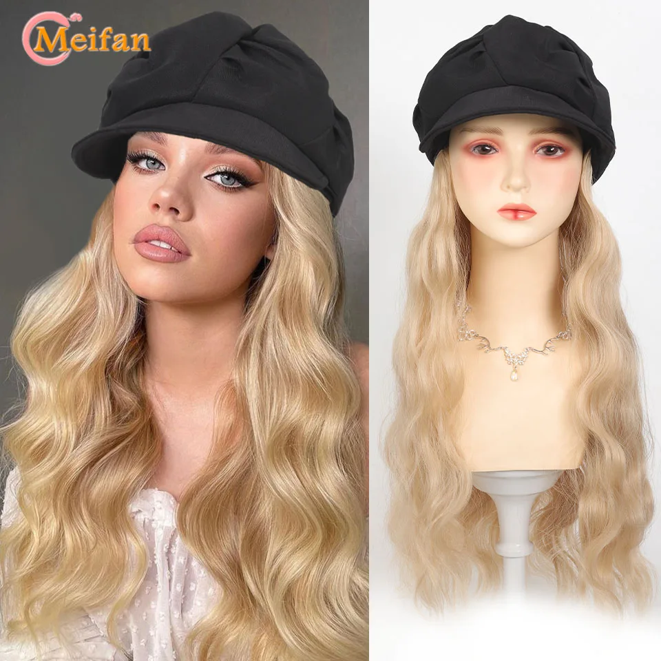 Black Beret Hat Wig Synthetic Long Wavy Curly Hairpiece with Dome Hat Warm Hat Attached Blonde Hairpiece for Women Dairly Wear