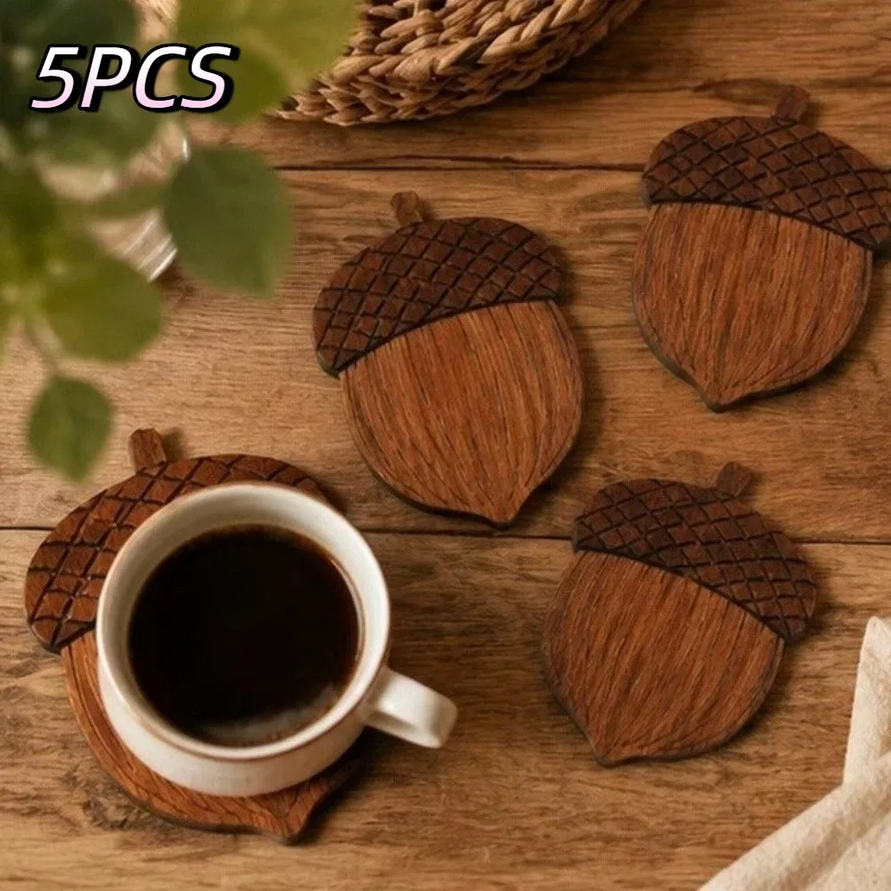 5PCS 2D Flat Acorn-Shaped Coasters Anti Scald Non-Slip Coffee Coasters Natural Heat-Resistant Insulation Pad