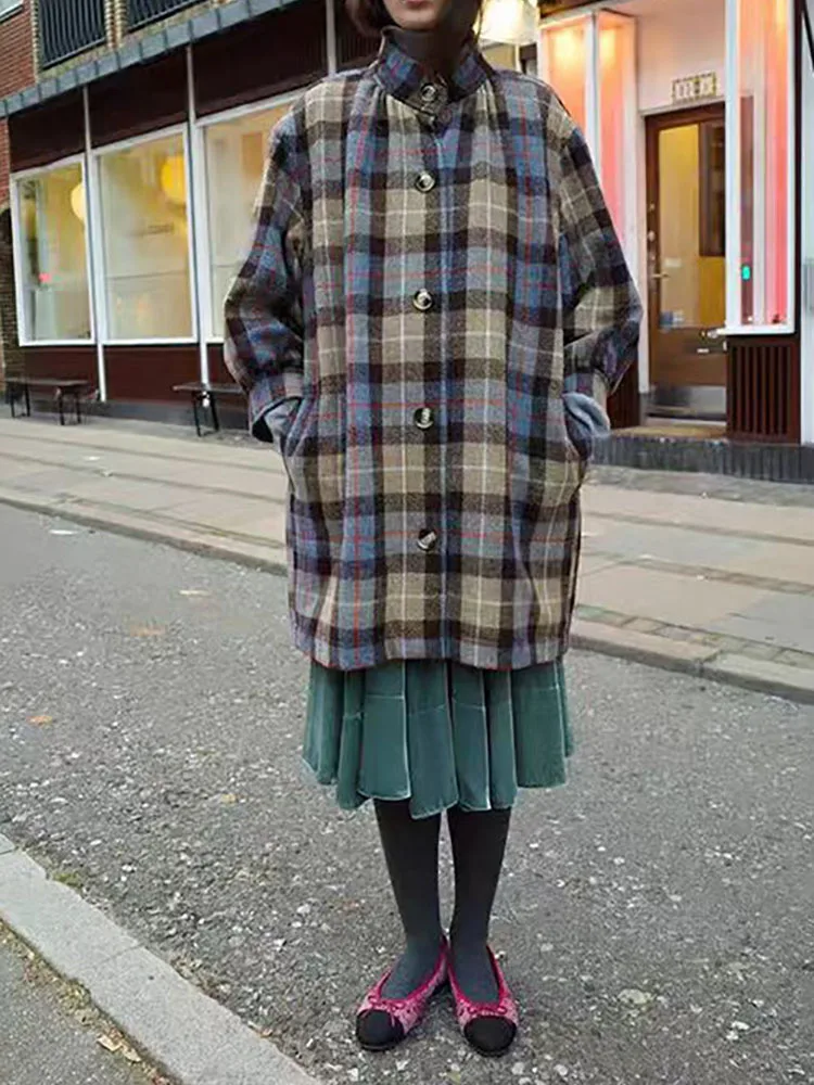 

Retro checkered stand-up collar woolen coat, loose mid-length single-breasted woolen overcoat, 2025 autumn/winter new style