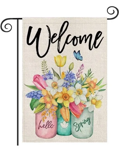 Hello Spring Floral Garden Flag Linen 12.5x18.5in Yard Flag Outdoor Decor HHJ LLG