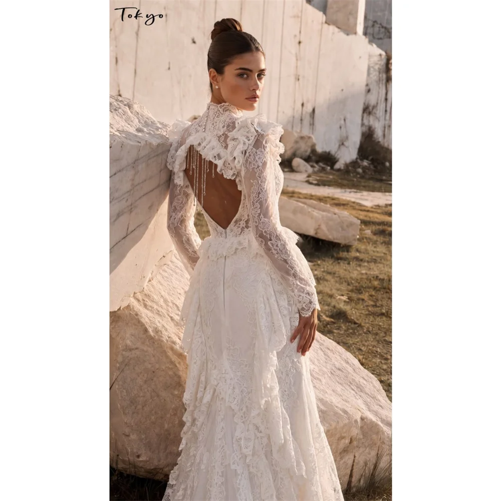Tokyo Customized High Neck Long Sleeve Lace A-Line Wedding dress Bridal Gown Tassel Backless Mermaid 3D Floral Lace Prom dresses
