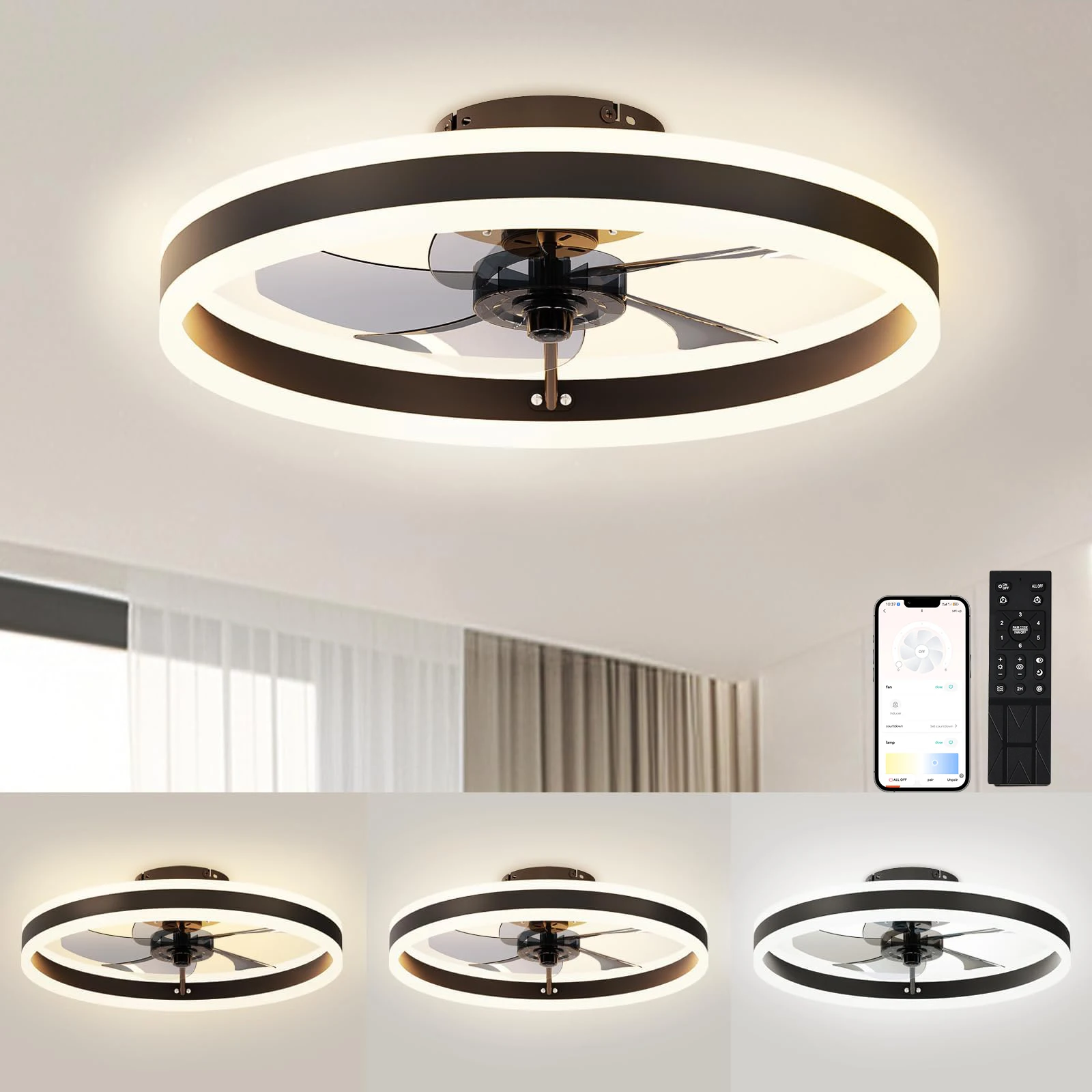 Nordic Led Ceiling Fan with Light DC Motor 6-speed Timing Fan 50CM Low Floor Loft Remote Control Decorative Fan with Light