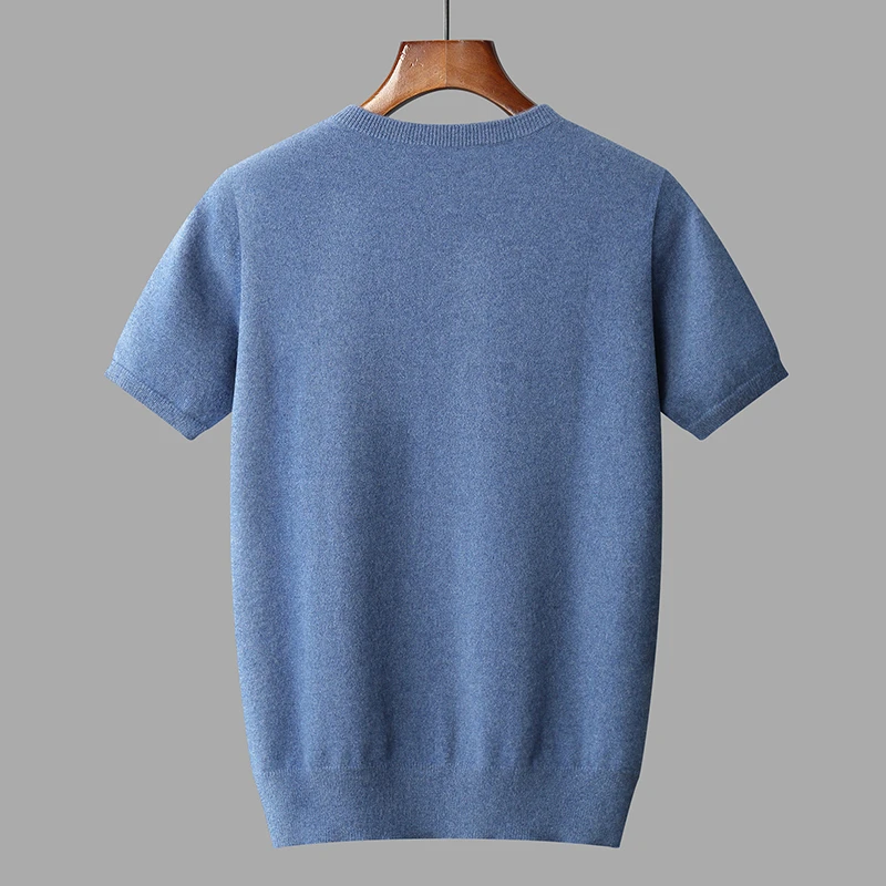 DjzDsm Men's 100% Cashmere Knitted Top High end Thick Bottom Shirt O-neck Short Sleeve Pullover Solid color new model