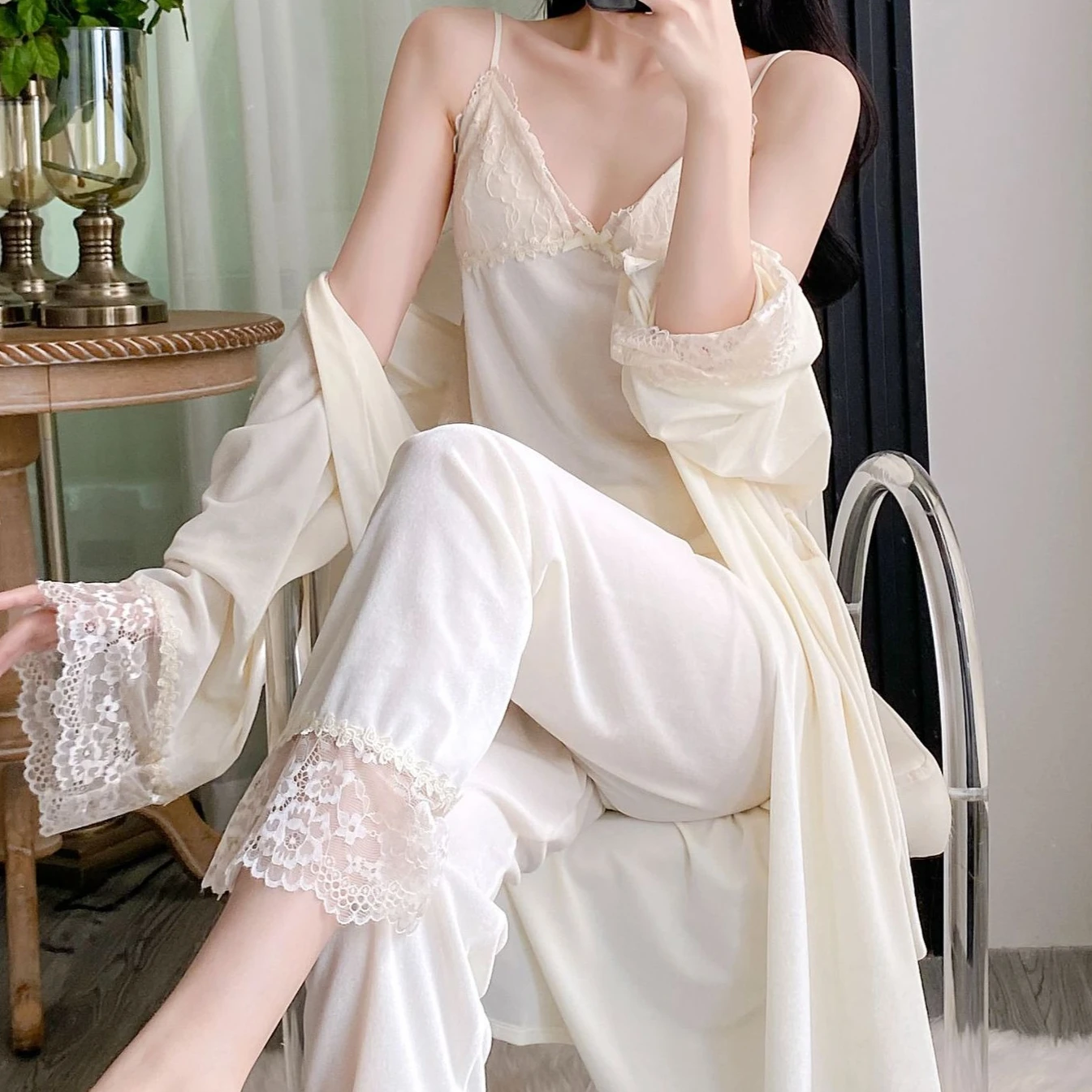 

Three Piece Spring Pijamas Sleep Suit Velour Lace Women Pajamas Set Lingerie Strap Top&Trousers Bathrobe Sleepwear Homewear