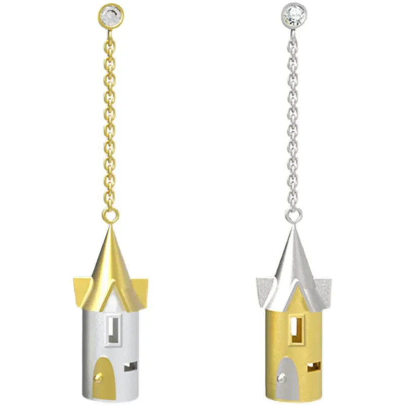 French Luxury Style Gold and Silver Dual Color Castle Earrings Women's Asymmetric Fun and Cute High End Banquet Earrings