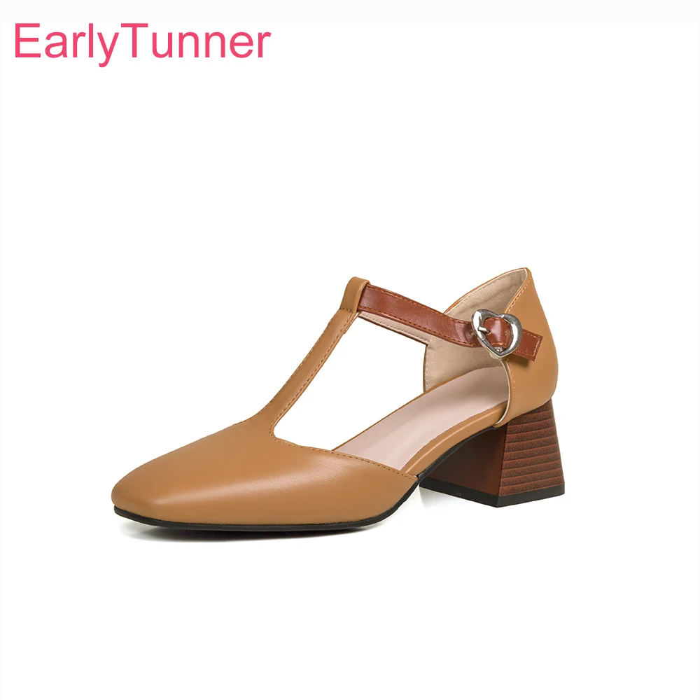 

2026 Summer T-Strap Mary Janes Sandals for Women Med Block Heels Lady Dress Shoes Large Plus Size 12 46 47