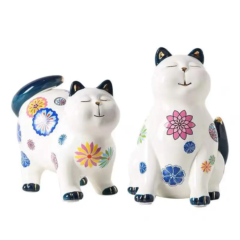 

Painted Ceramic Cat Sculpture Large Capacity Piggy Bank Simulation Animal Crafts Living Room Decor Storage Tank Home Decoration