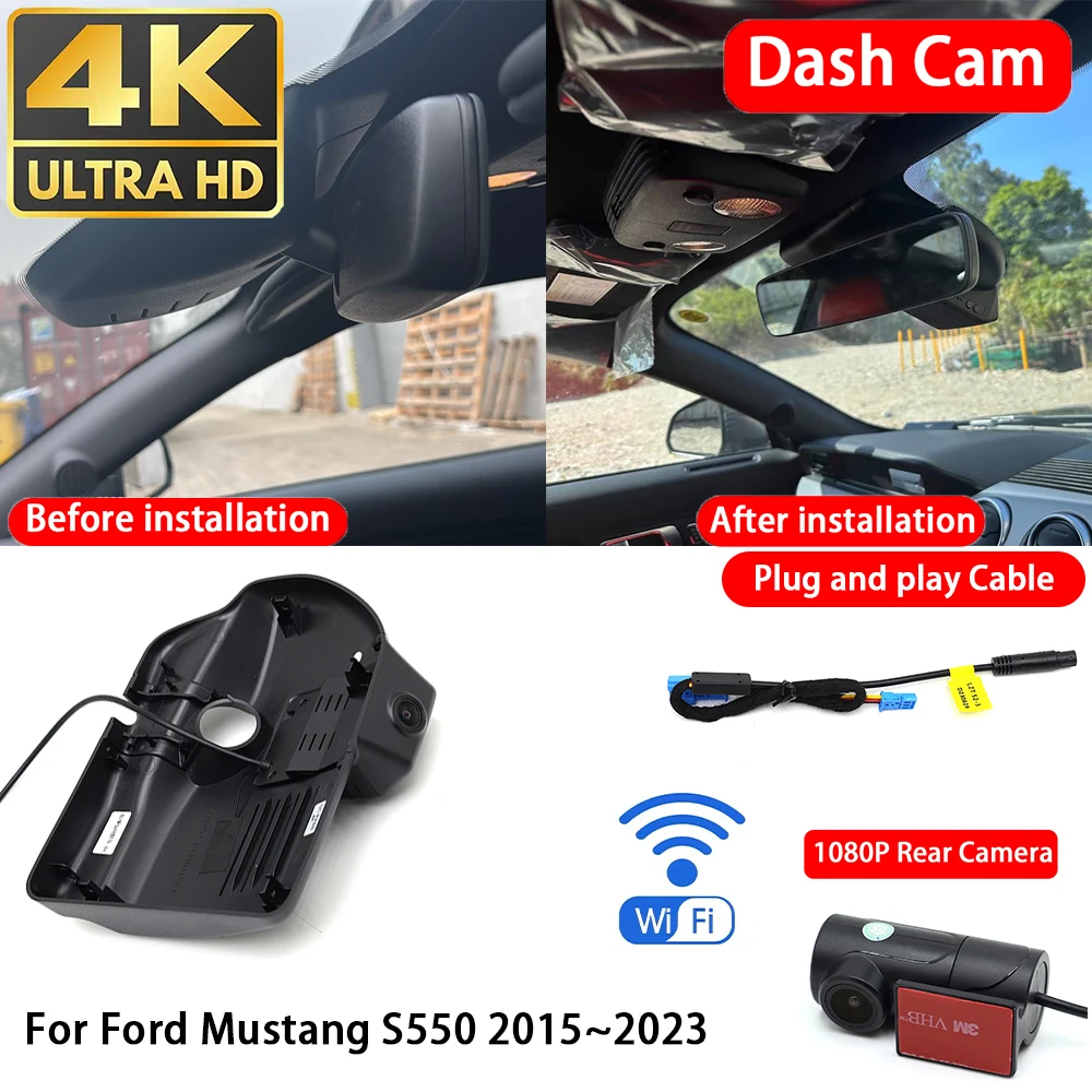 for Ford Mustang S550 2015~2023 4K 2160P Dash Cam Front Rear Car Camera DVR Wifi  Plug & Play Video Recorder Loop Recording