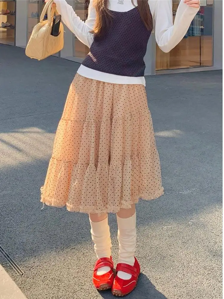 High Waist A-Line Midi Skirt Women's Spring Autumn Polka Dot Tulle Half Skirt Irregular Wood Grain  Slimming Cake Skirt