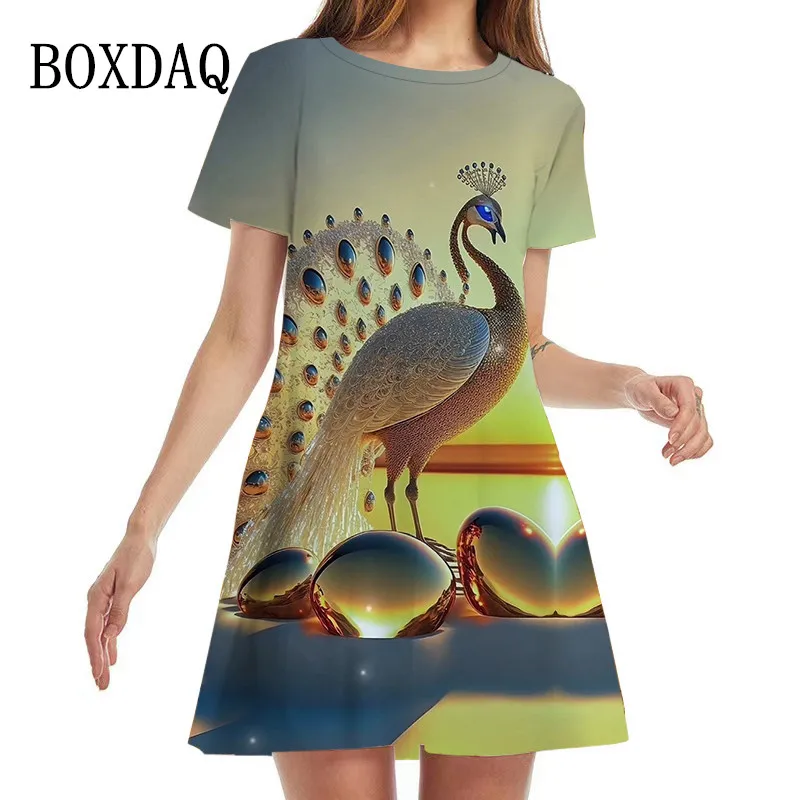 

3D Peacock Women Dresses For 2023 Summer Natural Scenery Loose Short Sleeve A-Line Dress Casual Party Beach Mini Dress Vestidos