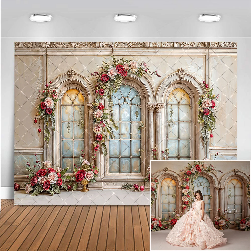 

Gilded Holiday Floral Windows Photography Backdrop Pink Rose Flowers Background Adult Kid Portrait Photocall Photo Studio Props