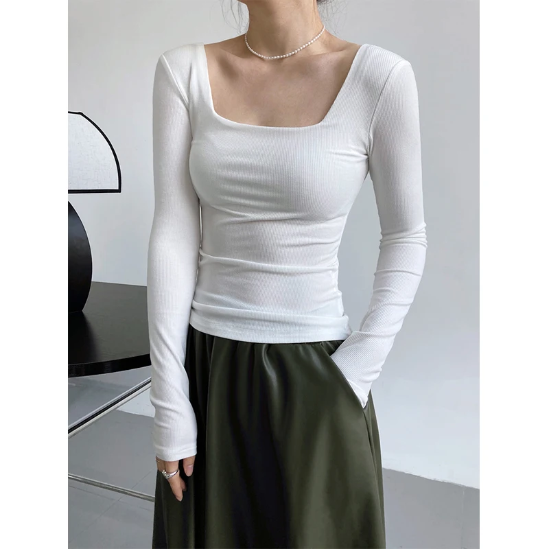 2024 New Women Spring Sexy Square Neck Long Sleeve Slim T Shirts Women Sexy Fashion Tees Tops For Women Clothes