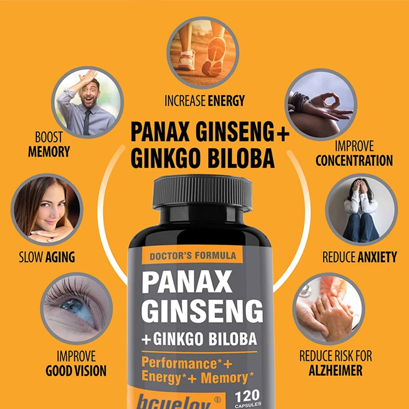 Ginseng + Ginkgo Biloba Extract Capsules - Natural Energy Supplement That Helps Improve Memory, Eye Vision and Brain Health