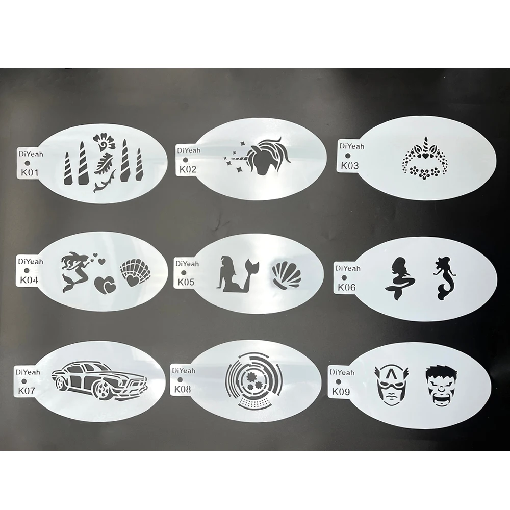 9PCS Body Face Paint Stencils Children Boy Girl Party Fun Painting Unicorn HORN Race Car Man Shell Tank Engine DiYeah New