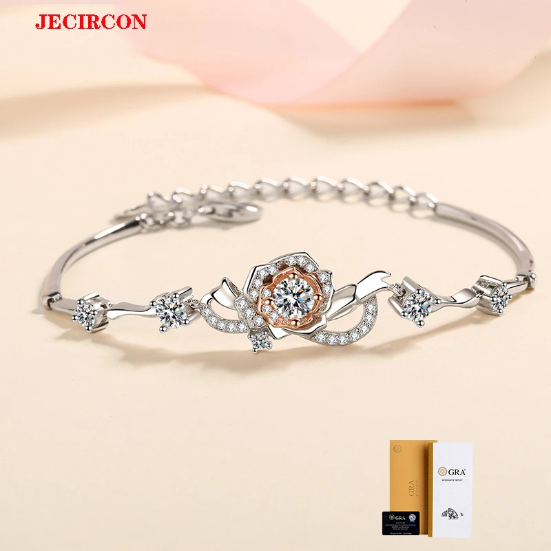 

JECIRCON S925 Sterling Silver Moissanite Bracelet for Women Rose Flower Blooming Plated with PT950 Gold Hand Chain Fine Jewelry