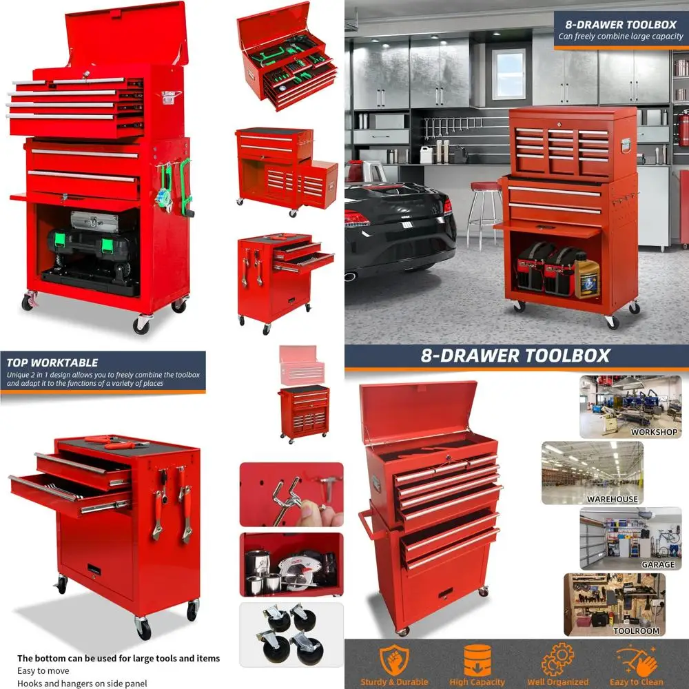 Cassapanca per attrezzi con rotazione a 8 cassetti ad alta capacità con ampio spazio di archiviazione, cassetti con serratura per l'organizzazione di officine e garage