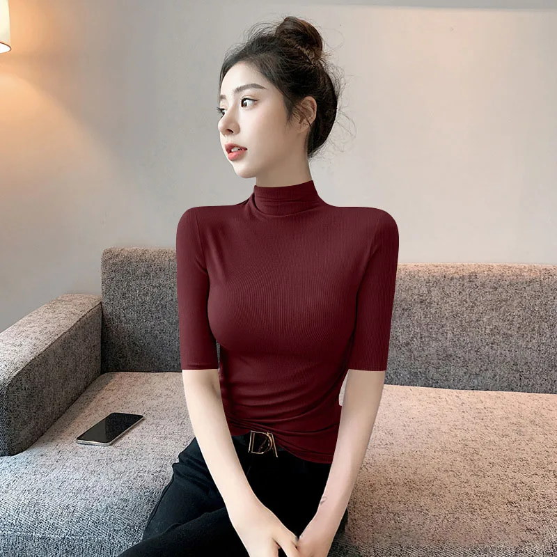 1pcs Spring Summer Women T-shirt Girl Basic Shirt Lady Comfort Half Sleeve Slim Fit Tops Half high Collar Women's Casual Tee
