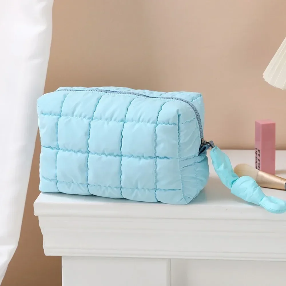 Cute Soft Cotton Puffer Quilted Makeup Bag Zipper Large Toiletry Bag Puffy Padded Cosmetic Organizer for Women