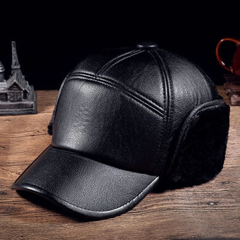 Winter Warm Cap Men Black Leather Fur Baseball Cap Hats for Men Women Casquette Bones Dad Caps Earflaps Thicken