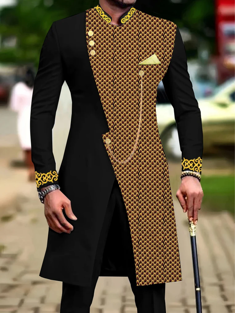 

Men's casual two-piece suit set with long sleeves, mid-length jacket and trousers.