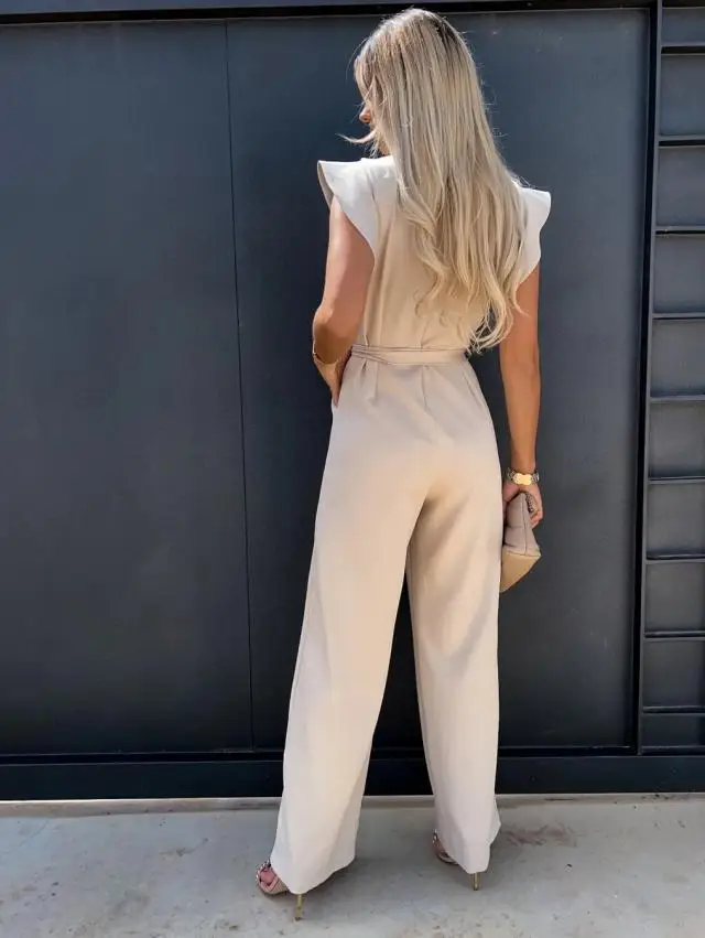 Jumpsuit mit Schnürung, hoher Taille, elegant, einfarbig, gerade geschnitten, modische Rüschenärmel, Dating-Jumpsuit – Detail 4