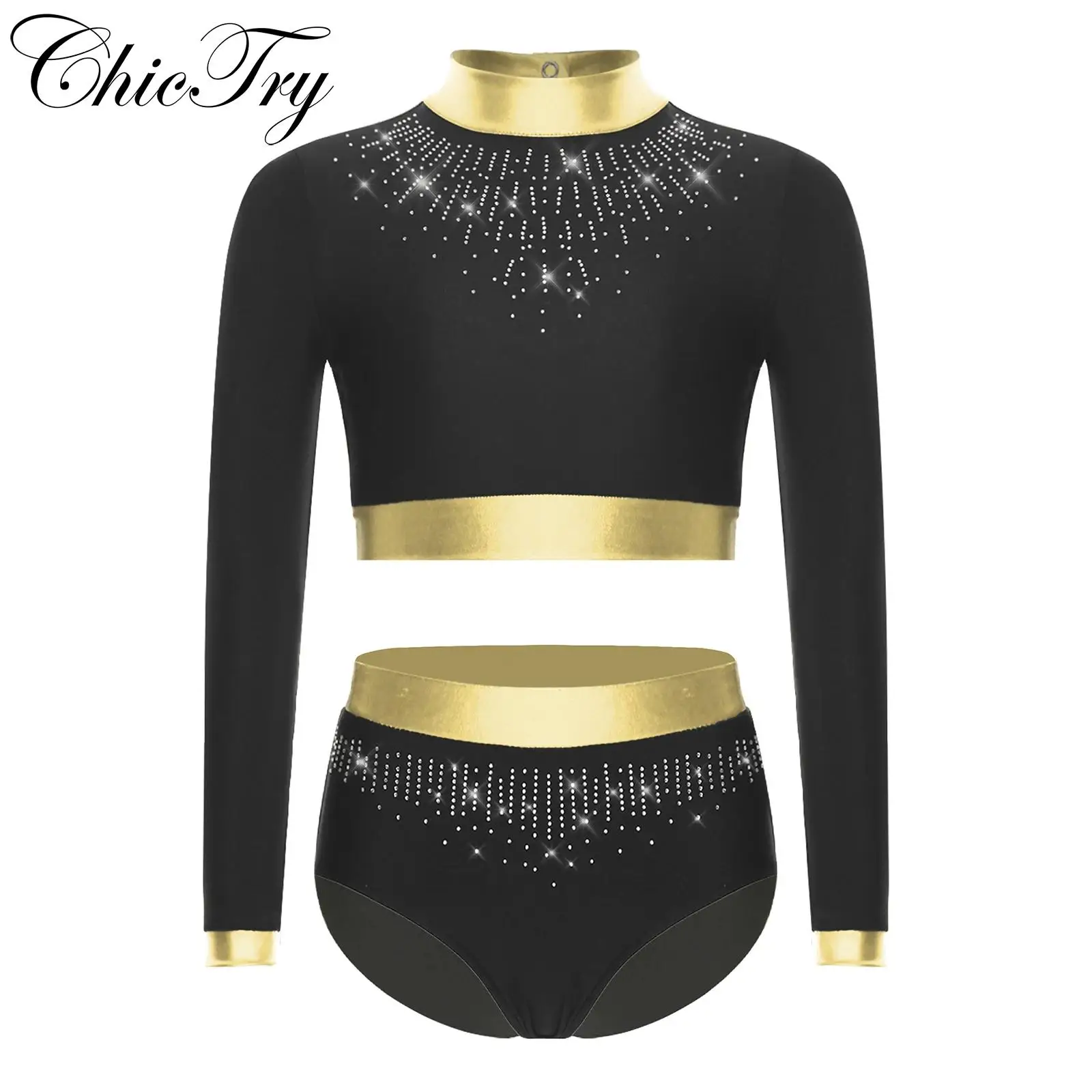 

Kids Girls Ballet Dance Sets Gymnastics Workout Dancewear Metallic Long Sleeve Cutout Back Rhinestones Crop Top with Briefs Suit