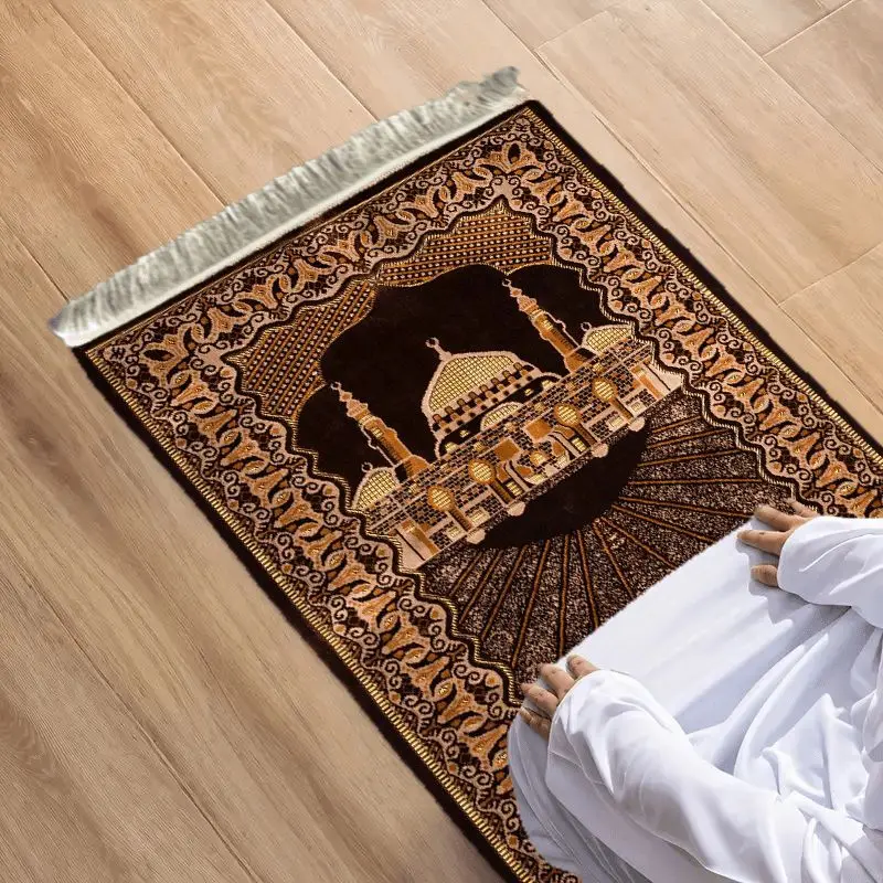 VIKAMA Dark Brown Hot Stamped Mosque Arch Prayer Mat, Durable & Portable, Comfortable Kneeling Carpet for Home Use