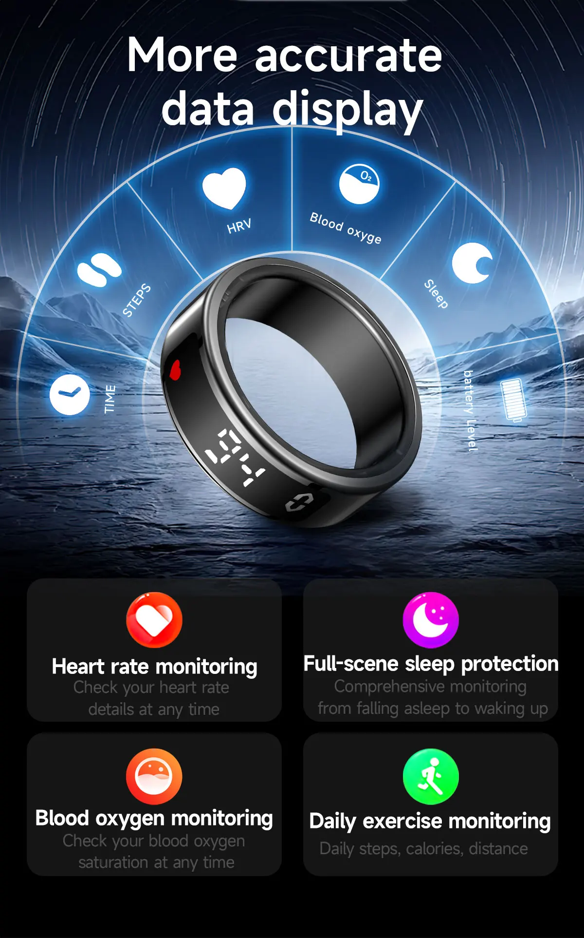 Smart Ring with Display Screen Touch Wireless Charging Health Manager 5ATM Waterproof IP68 for Men Women