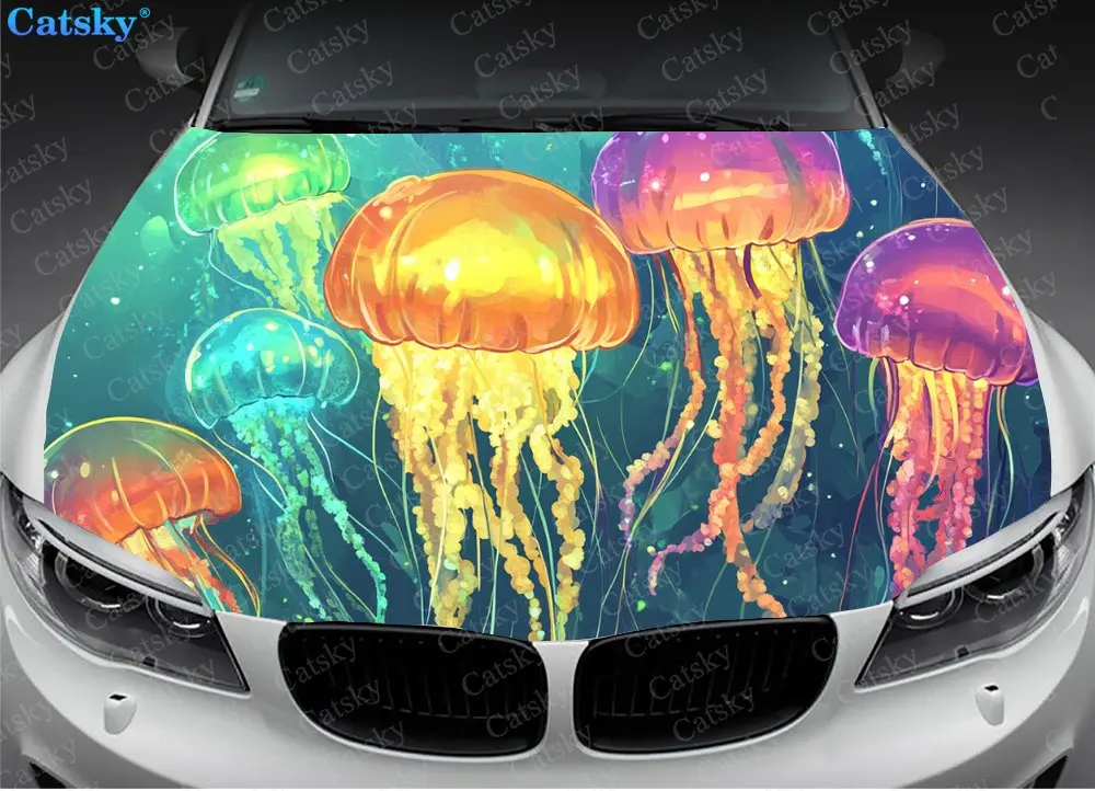 Glowing Jellyfish Cloud Car Hood Wrap Color Vinyl Sticker Truck Graphic Bonnet Custom Auto Accessories Decoration  Decal Gift