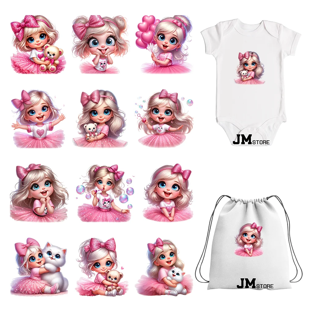 

15cm 5.9in Cute Pink Princess Girl Iron On DTF Heat Transfer Stickers For Clothes Printed Vinyl Applique Washable T-Shirt Decals