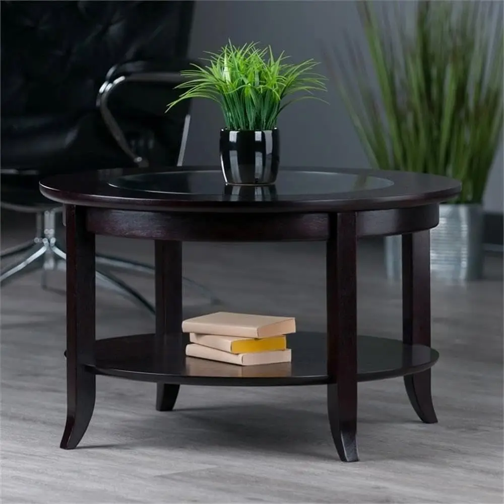 Round Solid Wood Coffee Table Glass Top Espresso 30in Diameter Flared Legs Lower Shelf Living Room Accent, Customized