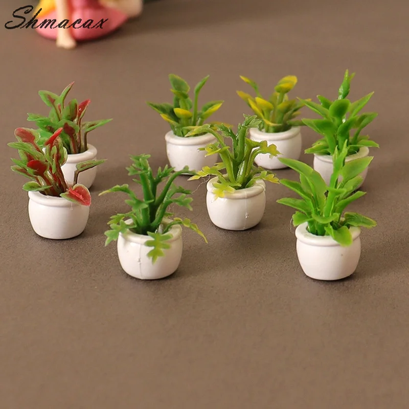 Miniature Potted Plants Flowerpot, Folha Verde, Modelo Bonsai, Decoração Do Jardim, Doll House Acessórios, Brinquedo, 1:12, 4Pcs