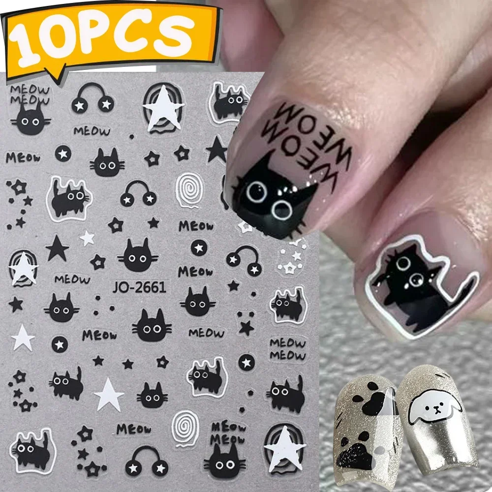 1-10PCS Y2K Black Cat Nail Stickers Kawaii Cartoon Animal Paw Sliders Nail Arts 3D Silver Stars Letters Manicure Decals Tools