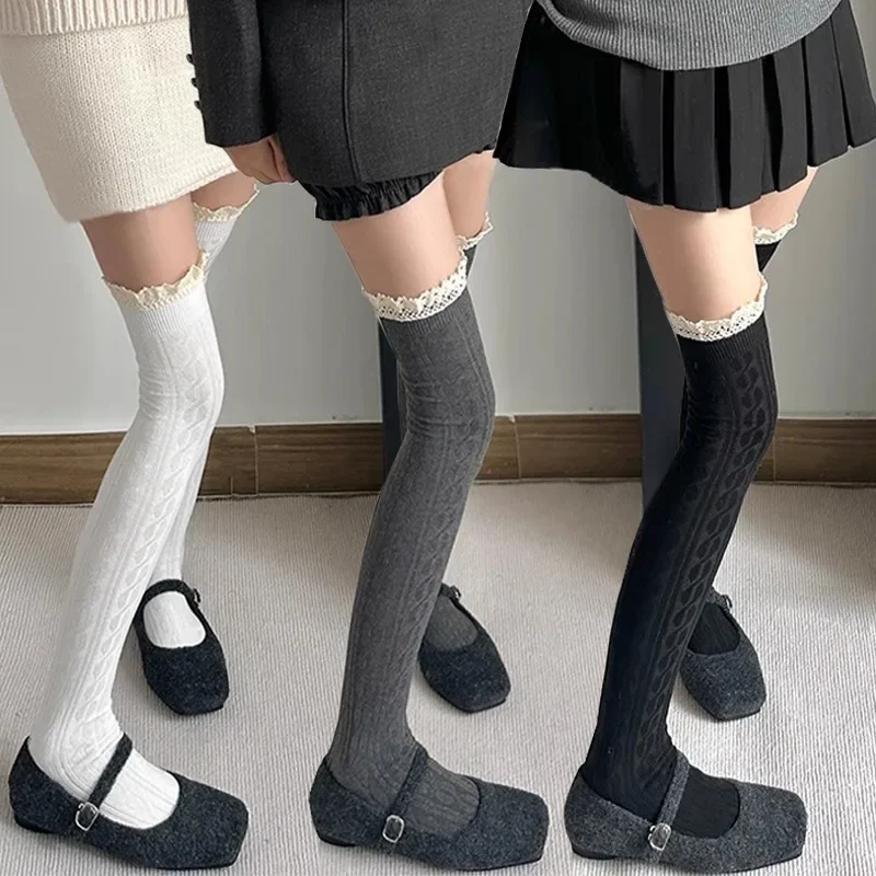 Academic Style Sexy Vintage Lace Long Knee Socks Premium Feel Light Luxury Warm Black White Grey Over Knee Thigh High Stockings