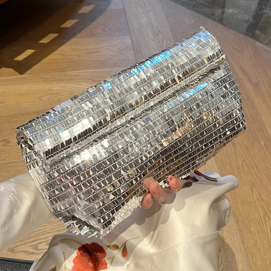 Women's Evening Bag Aluminum Sequin Clutch Bag with Hasp Lightweight Casual Handbag Party Sparkling Shoulder Mobile Phone Bag