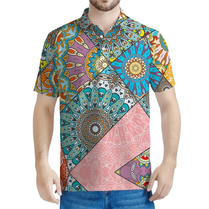 Bohemian Patchwork Graphic Polo Shirt For Men Women 3d Printed Tee Shirts Tops Street Button T-shirt Casual Lapel Short Sleeves