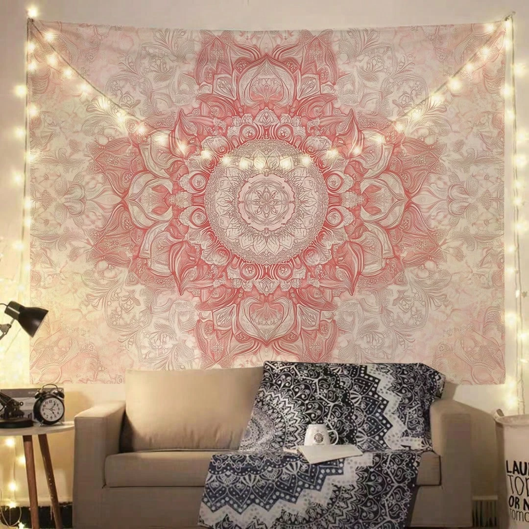 Pink Mandala Bohemian Tapestry Wall Hanging, Aesthetic Boho Home Decor For Bedroom Living Room Dorm, Multiple Sizes Available
